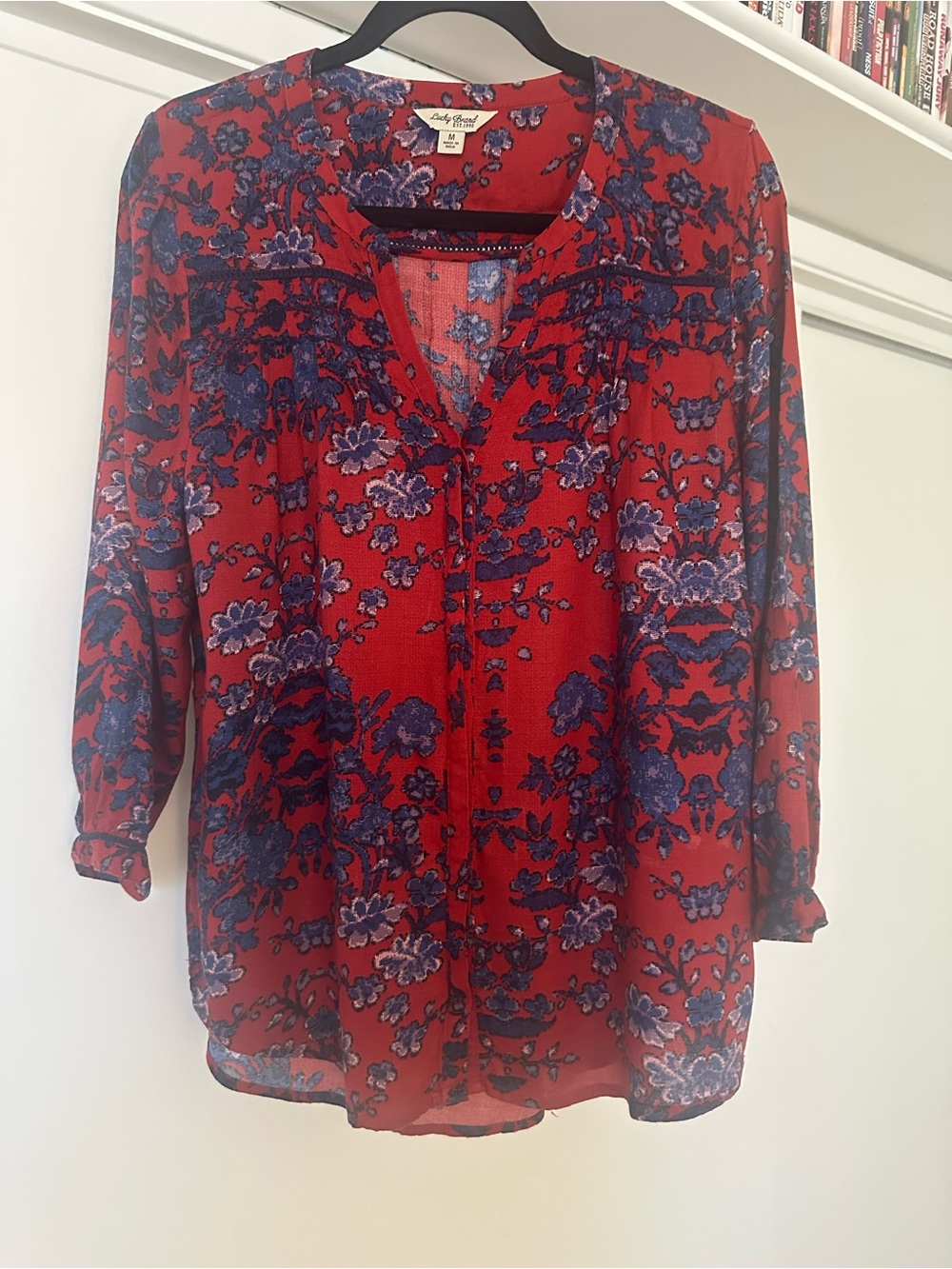 Lucky Brand Red Floral Split-Front Blouse with Blue Print